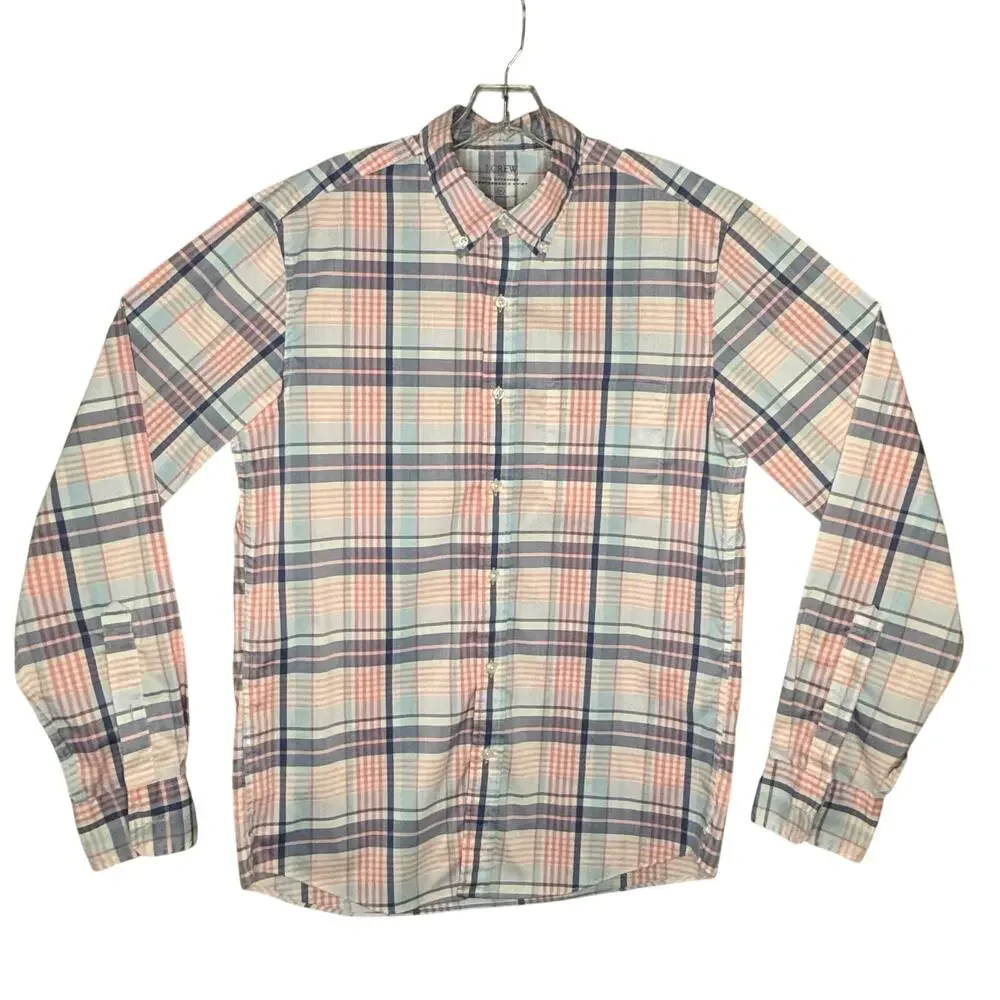 J. Crew Offshore Performance Long Sleeve Shirt Light Blue Pink Plaid Men M